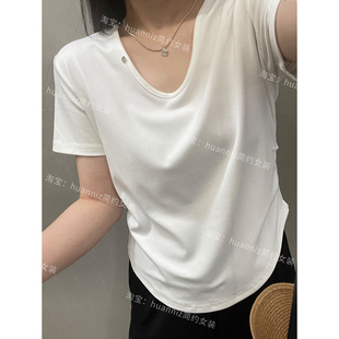 正肩百搭上衣女 显瘦U领短袖 纯色褶皱收腰短款 T恤2025夏季 新款