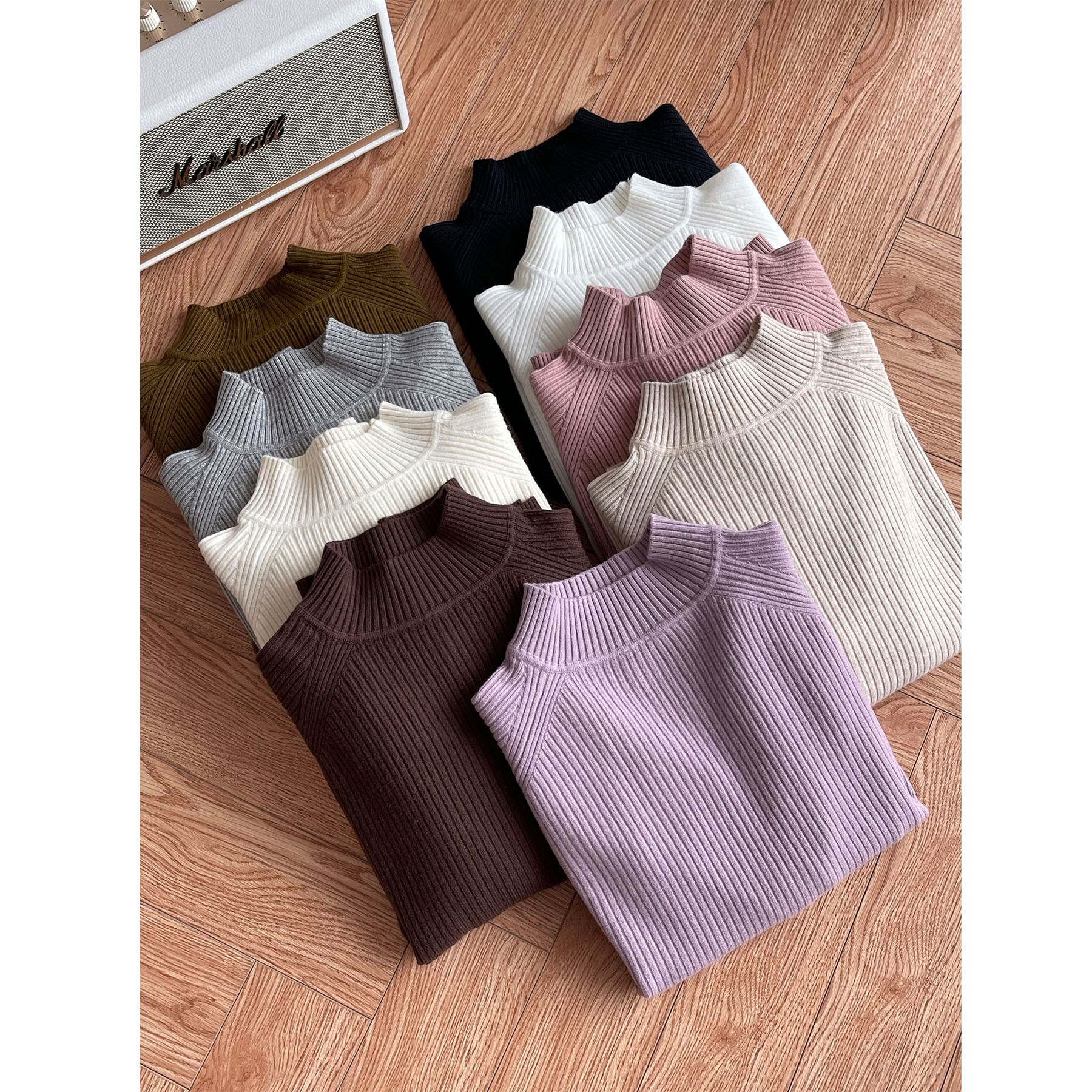 竖坑条显瘦半高领插肩袖针织衫