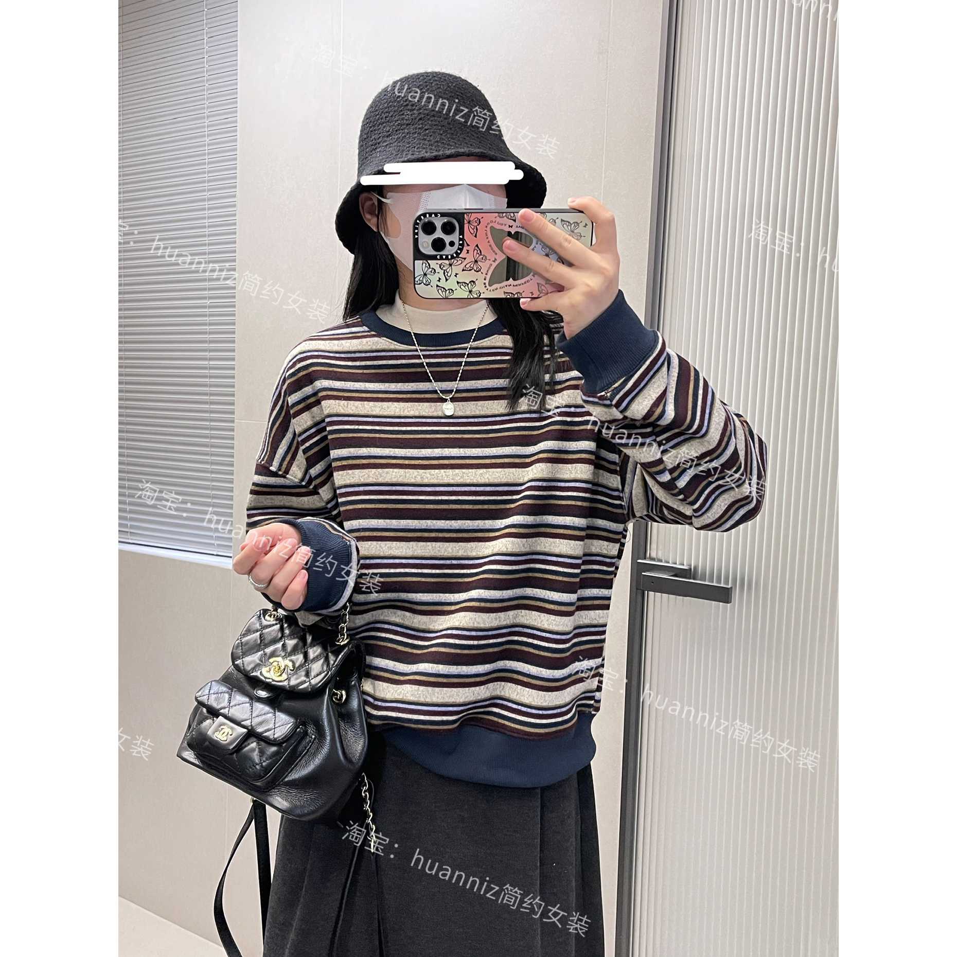 冬季加绒卫衣复古撞色彩条上衣