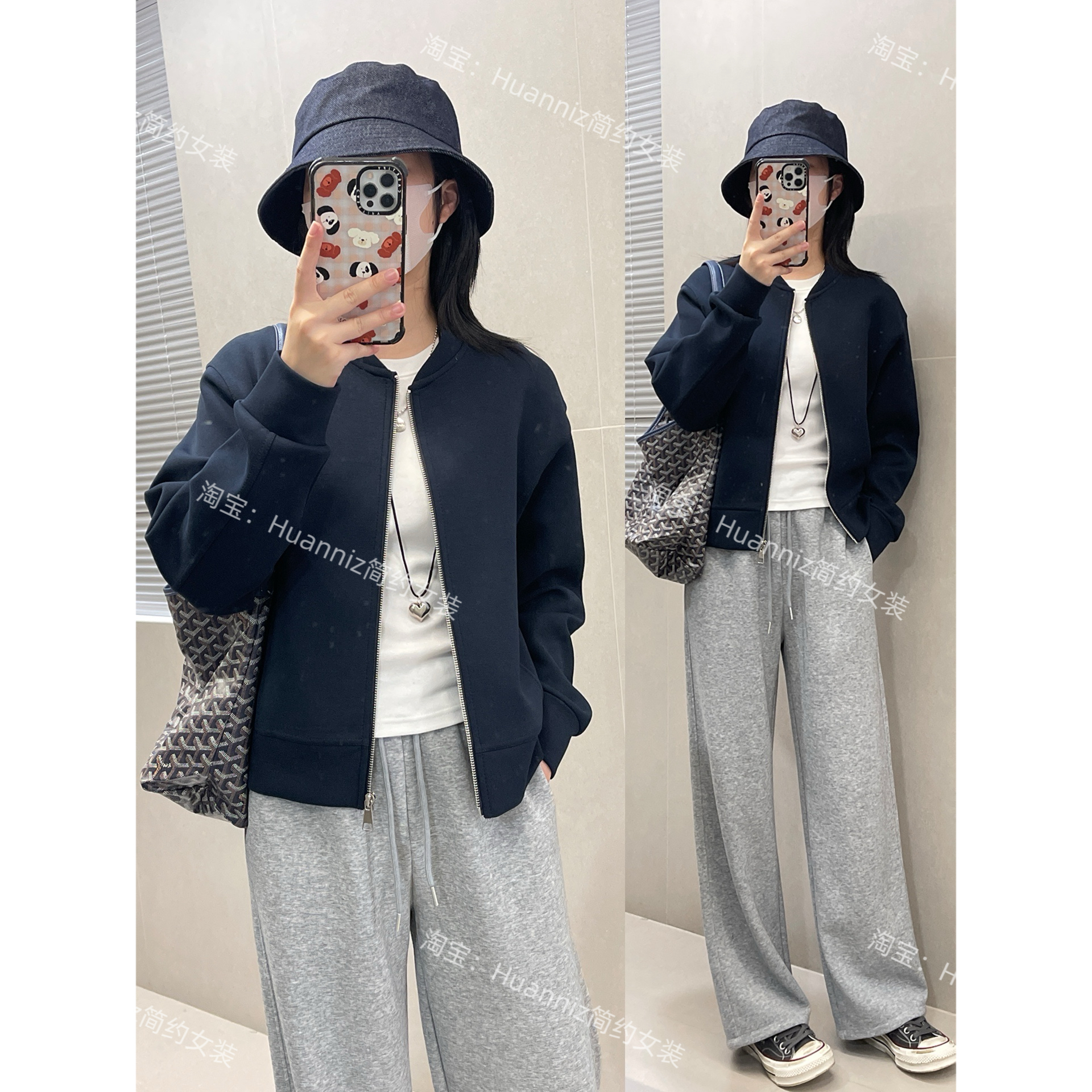 秋季立领显瘦空气棉藏青色外套