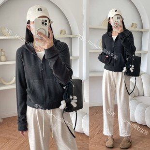 秋装保暖双面德绒连帽拉链短卫衣外套纸片人正肩合身小个子上衣女