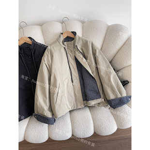 25冬季新款工装帅气立领抽绳拼格子棉衣小个子短款夹棉外套棉袄女