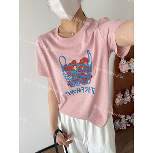 柿柿如意ins风印花韩系短袖T恤女减龄青春学生正肩宽松上衣体恤夏