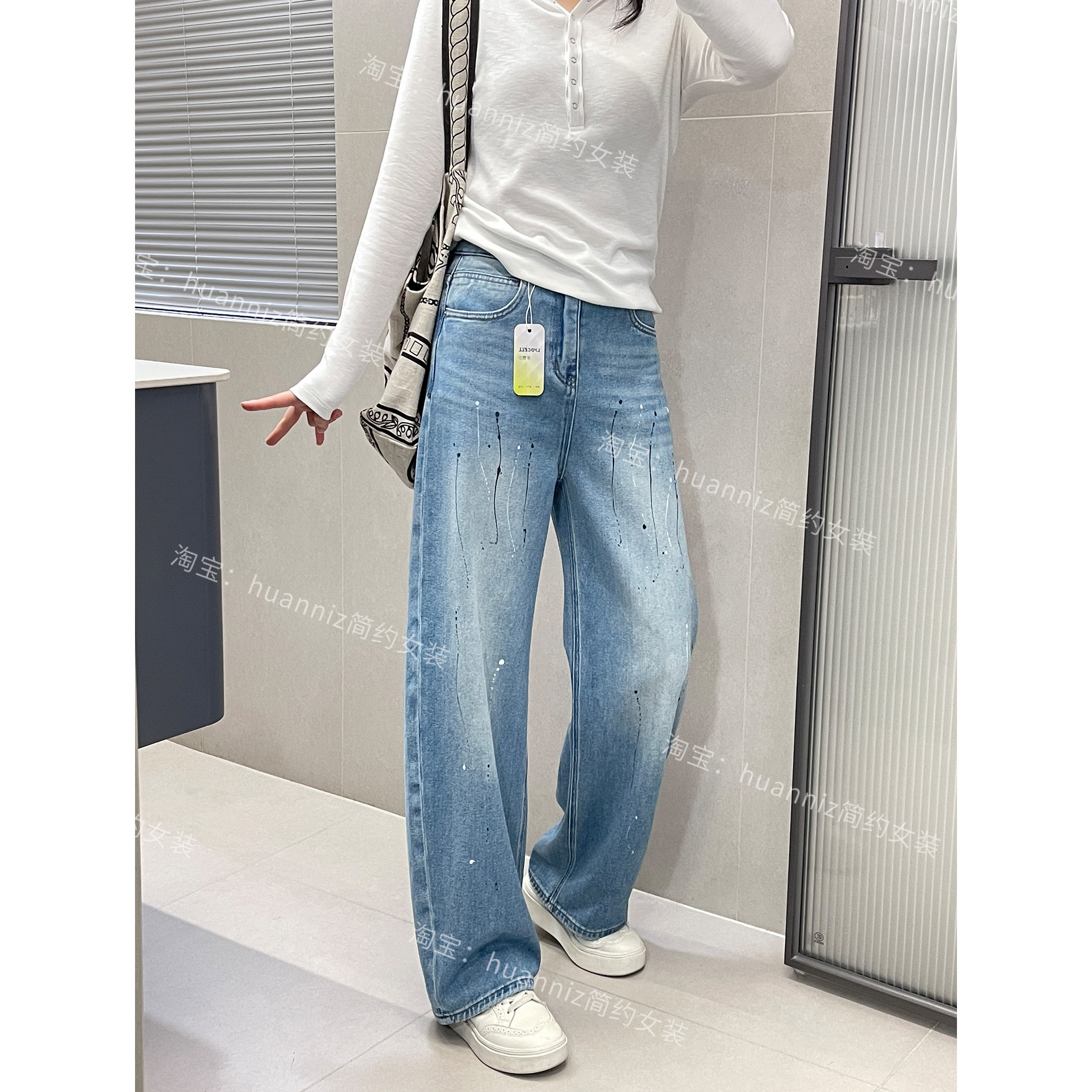 泼墨艺术感牛仔裤春季新款水洗浅蓝色显瘦直筒小弯刀阔腿裤长裤女
