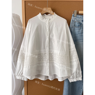 宫廷风设计感白色娃娃衫 衬衫 女 木耳边小立领镂空绣花泡泡袖 春法式