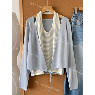 春季假两件设计感小性感挂脖针织衫系带短款显瘦细羊毛薄毛衣女