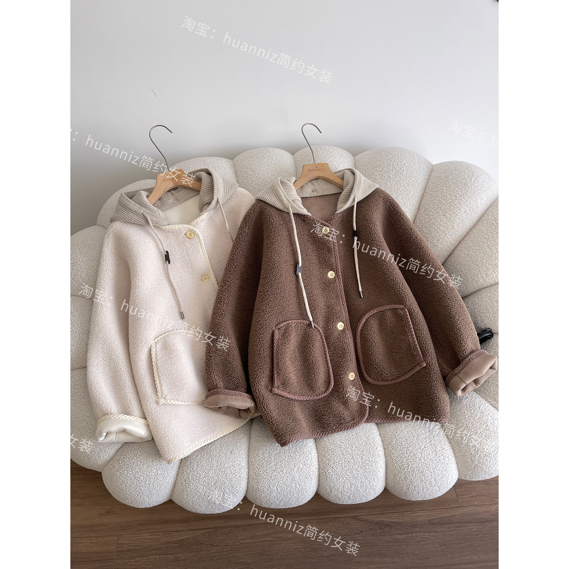 韩系咖色仿皮毛一体羊羔毛外套