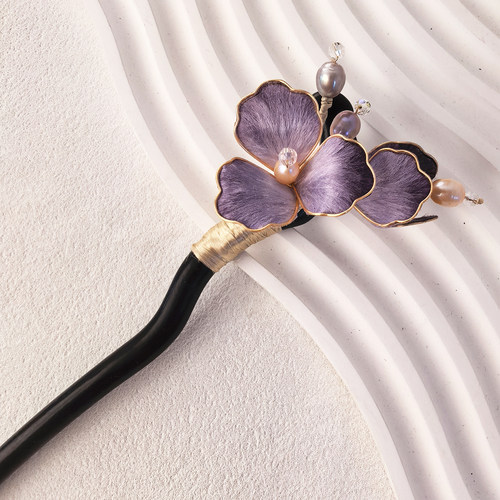 紫色手工掐丝绒花发簪淡水珍珠黑檀木古风盘发簪子汉服发饰高级感
