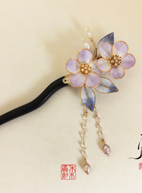非遗手工掐丝绒花梅花古风花朵发簪珍珠流苏檀木簪精致簪子中国风
