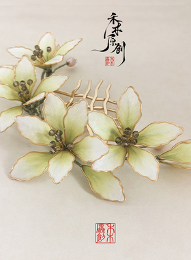 原创百合掐丝绒花古风花朵发簪女手工发梳蚕丝绒花汉服配饰发夹