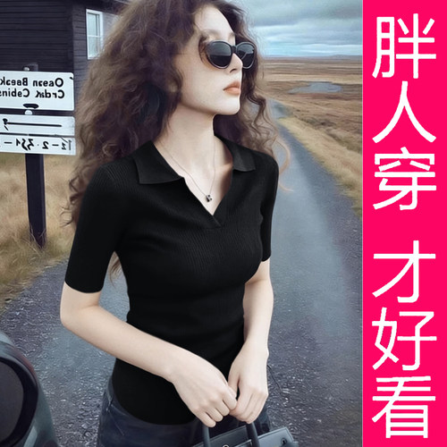夏季翻领短袖显瘦大码针织衫女