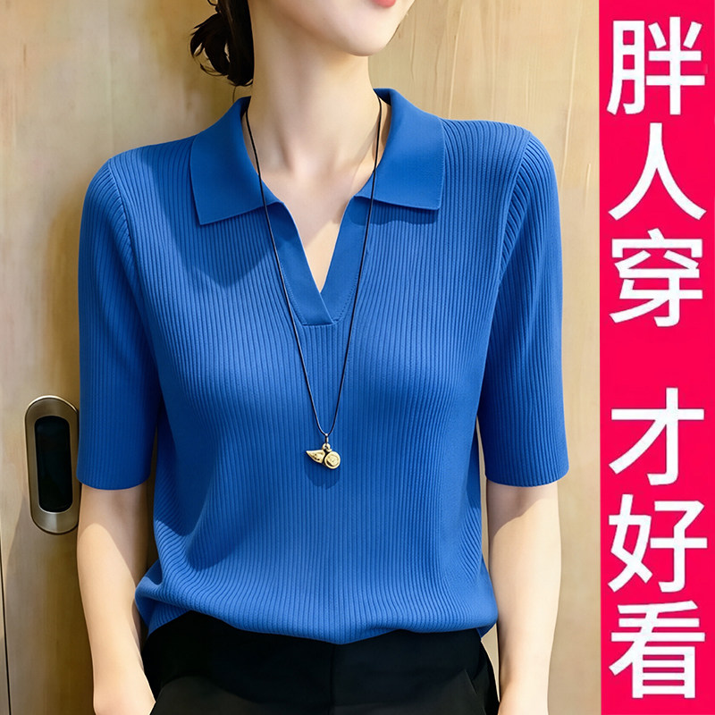 大码女装POLO领短袖显瘦针织衫女图片