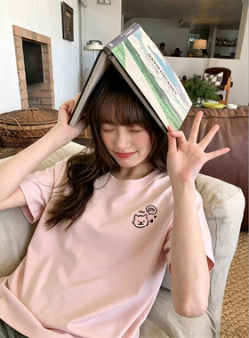 粉色趣味小猫图案纯棉t恤女短袖夏季小众宽松显瘦设计感百搭上衣