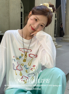 慵懒防晒罩衫印花长袖t恤薄款女夏季小众宽松显瘦休闲空调衫上衣