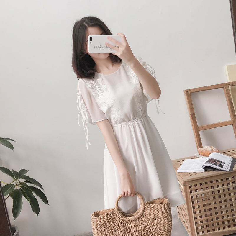 又見小夕仙女裙子小清新收腰小個子短款小白裙白色雪紡連衣裙女夏