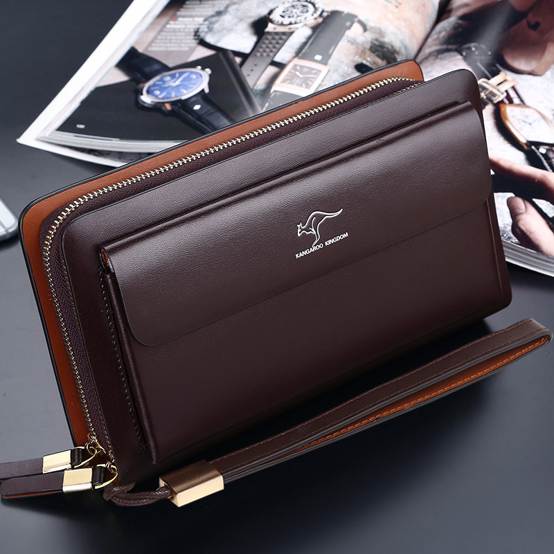 真澳袋鼠男包男士手包真皮牛皮手拿包男商务大容量手抓双拉链钱包