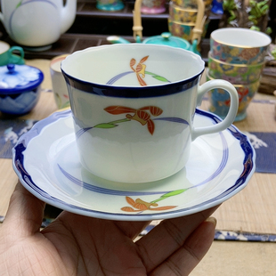 超大漏!高品!香兰社蓝边金红兰花咖啡杯 特价