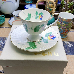 大漏!高品!稀有画片!香兰社七彩玫瑰高足咖啡杯 带盒 特价