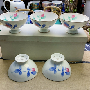 稀有款！高品！福利出！香兰社玫瑰高足米饭碗 五只带盒 孤品