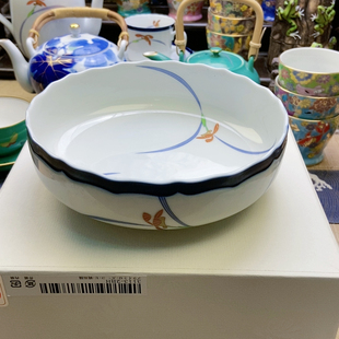 高品!福利出!香兰社蓝边金红兰花大钵 深盘带盒 微微瑕