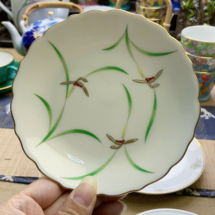 稀有款！福利出！香兰社绿叶金兰花甜品盘 直径13.6 微牛毛痕