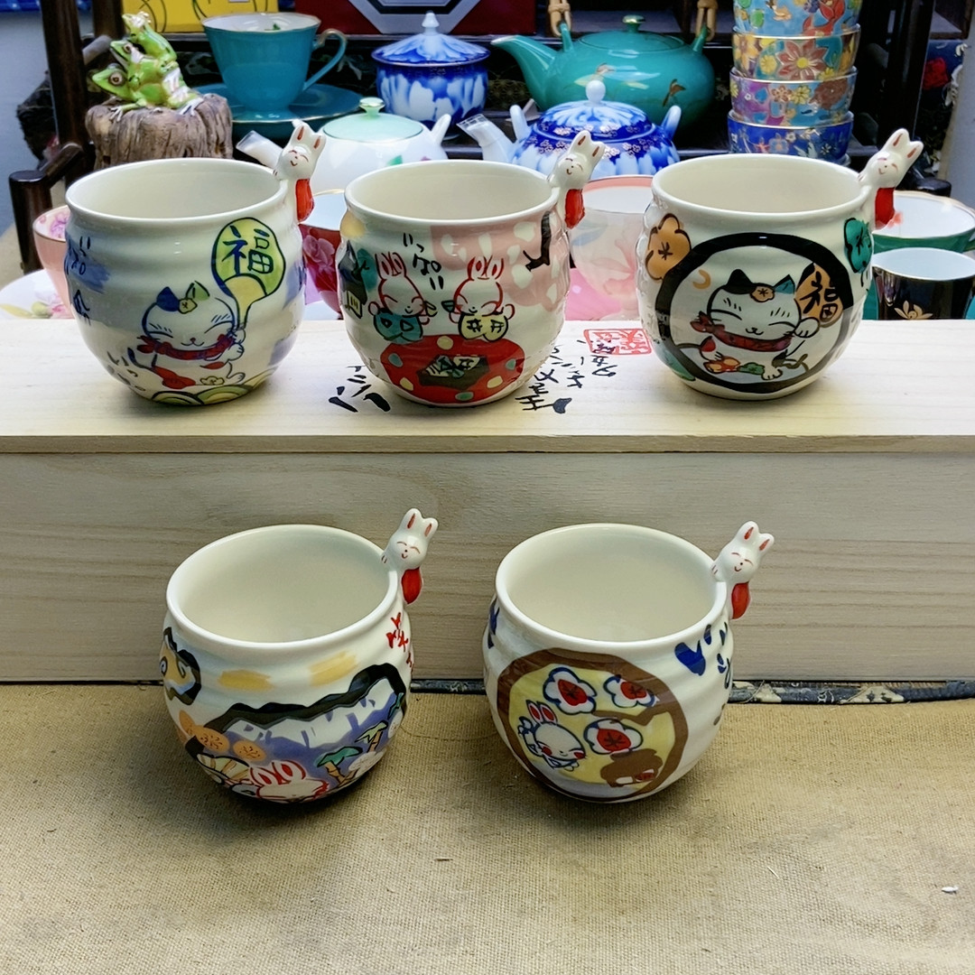 超美高品！福利出！夕立窑手作手绘五画片兔子杯一套 木盒 - 实物图
