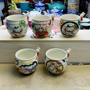 超美高品！福利出！夕立窑手作手绘五画片兔子杯一套 木盒