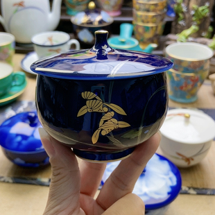 大漏！高品！福利出！香兰东社帝王蓝釉金兰花盖碗 微牛毛痕