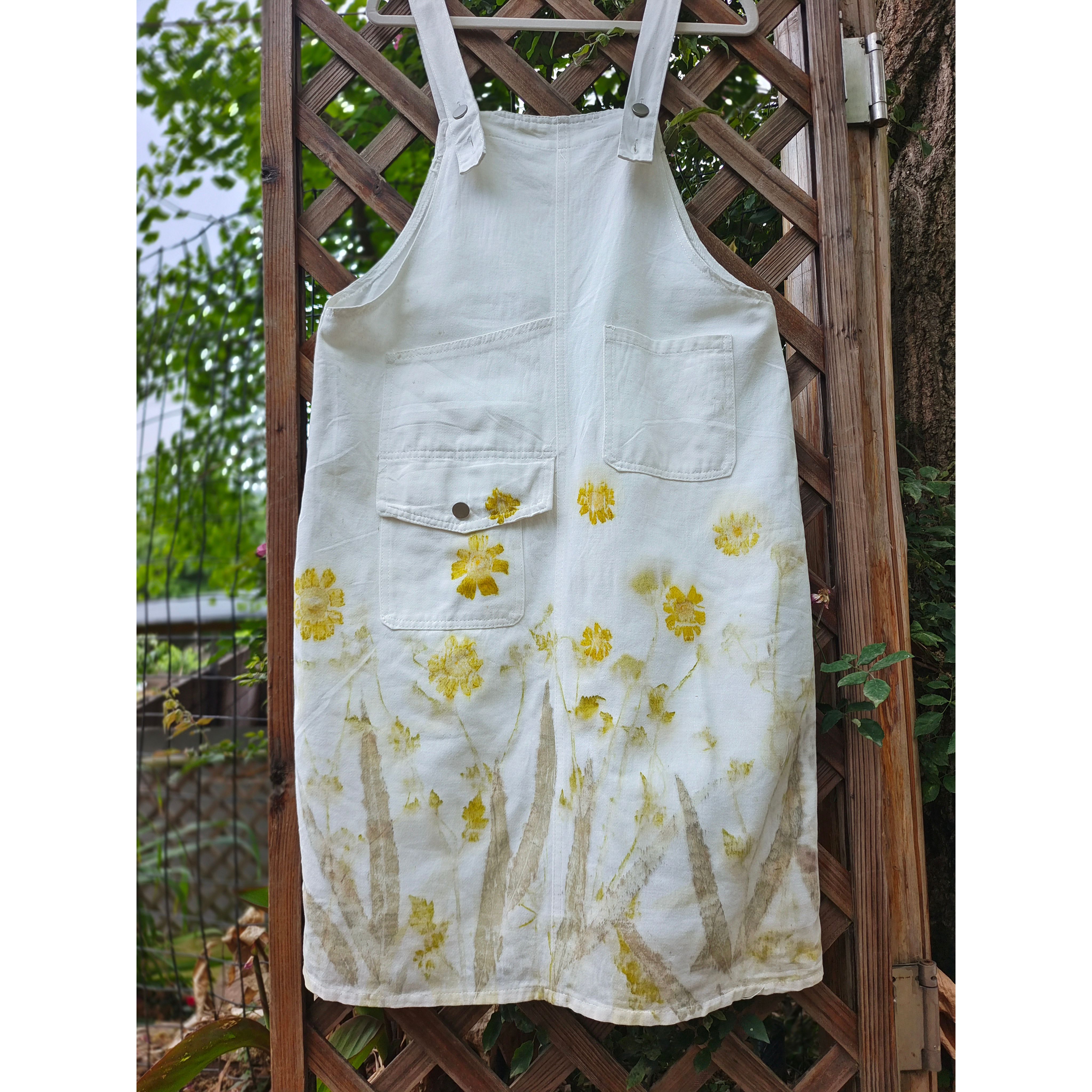 『孤品』植物转印染女春夏清新植物印花小众设计感背带牛仔连衣裙