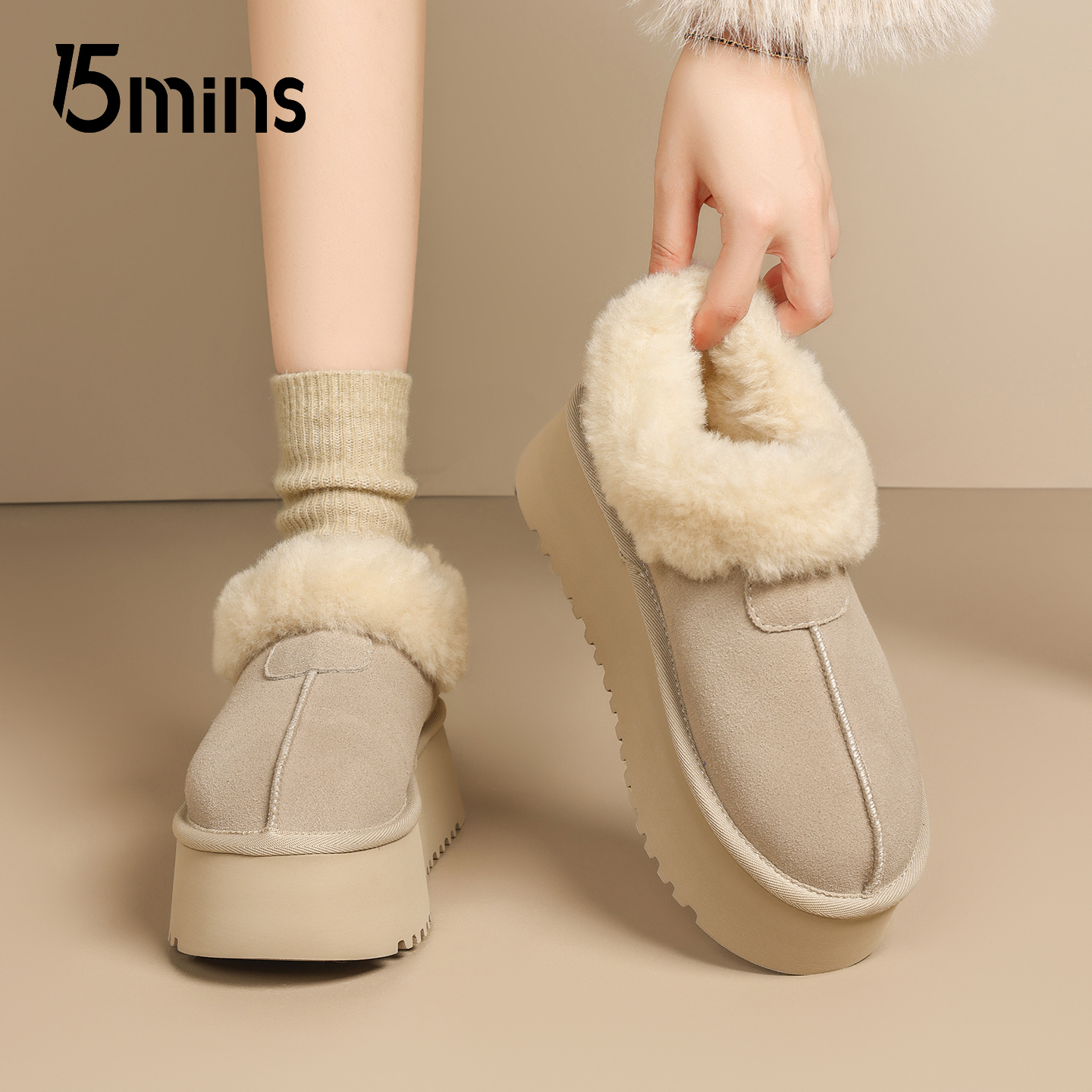 15mins厚底皮毛一体雪地靴女款