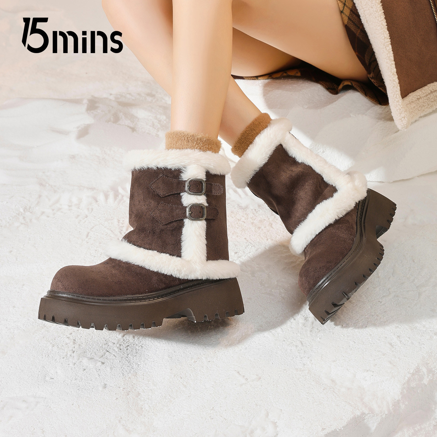 15mins时尚加绒雪地靴女2025新款冬季保暖厚底勃肯毛毛短筒棉靴子,女鞋,时尚雪地靴,淘宝优惠券,粉丝福利购,淘宝优惠卷