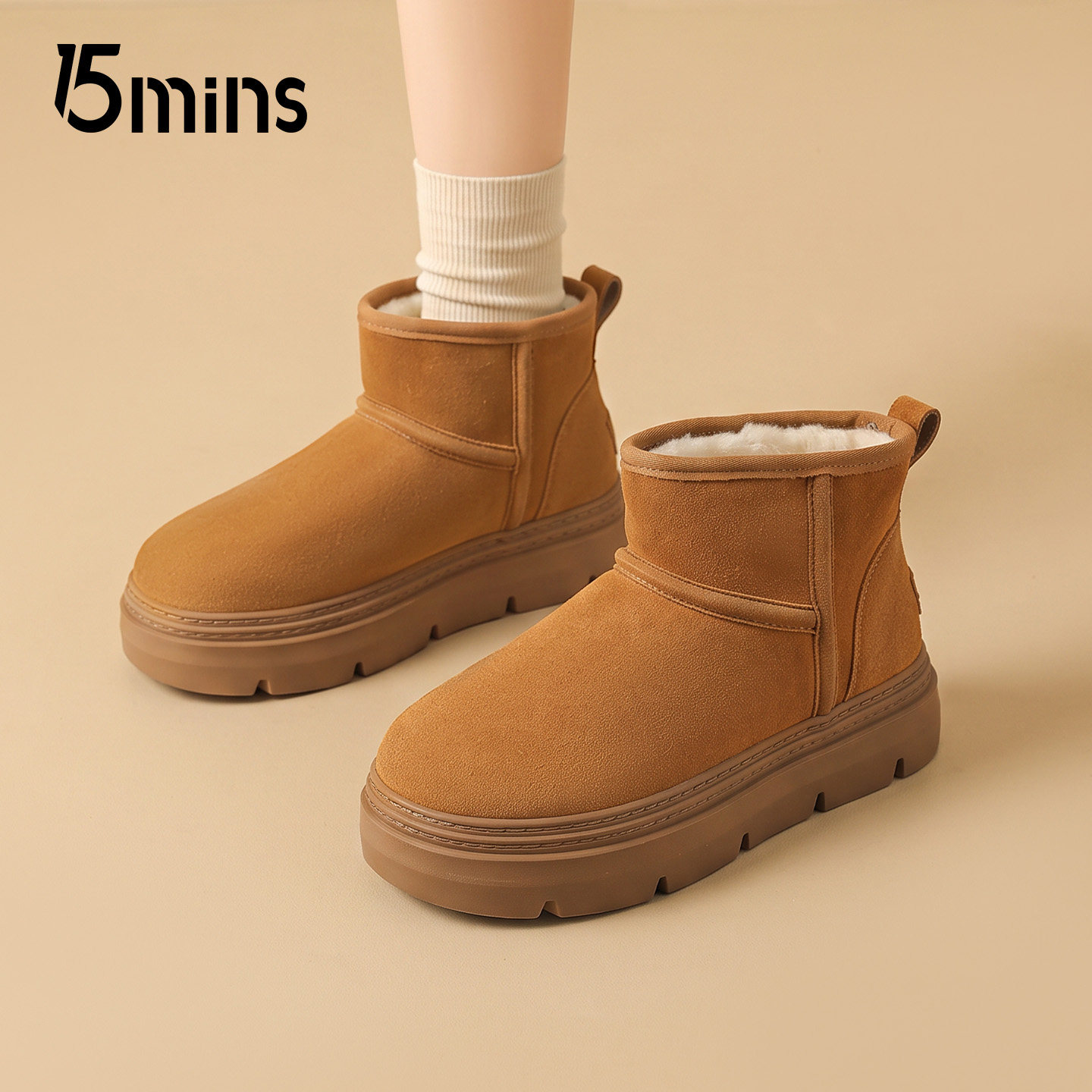15mins女厚底加绒保暖雪地靴