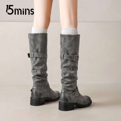 15mins时尚灰色褶皱长筒靴女