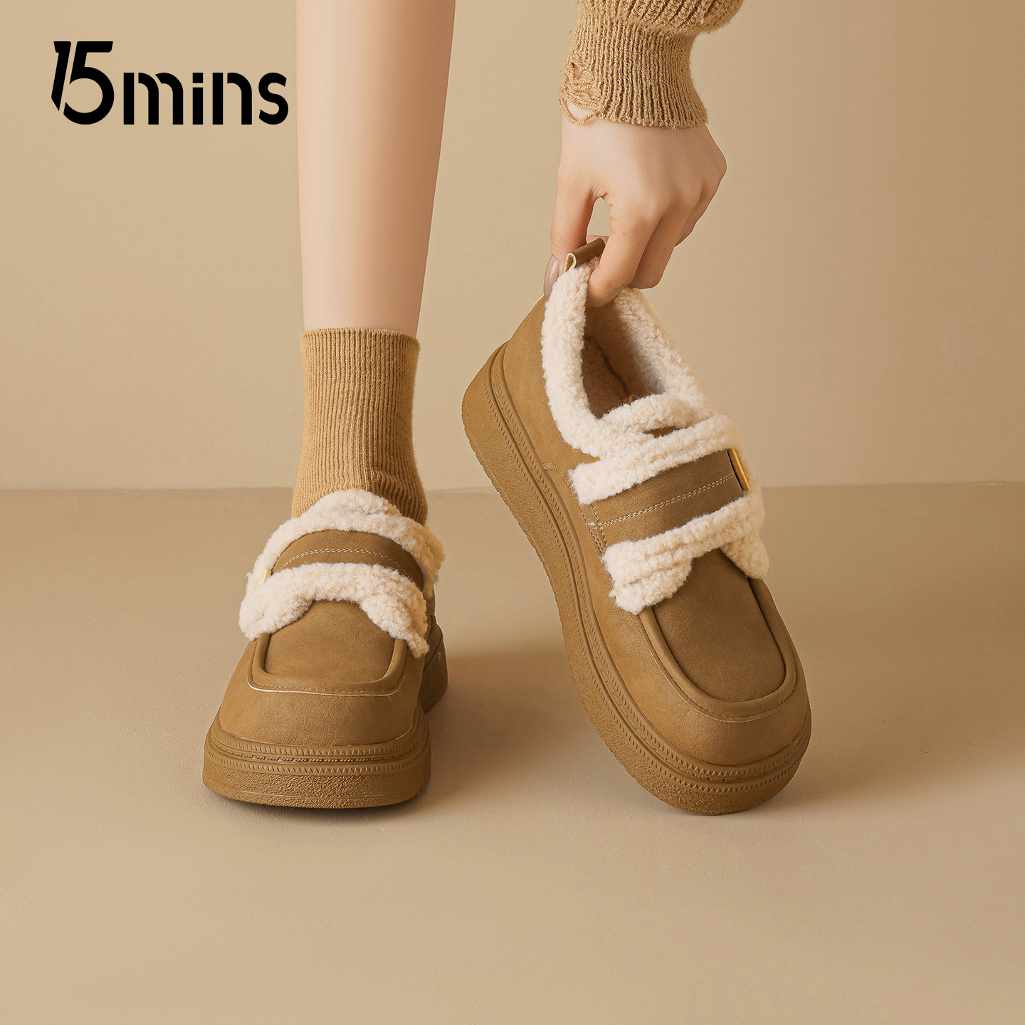 15mins厚底毛绒勃肯鞋女2025新款