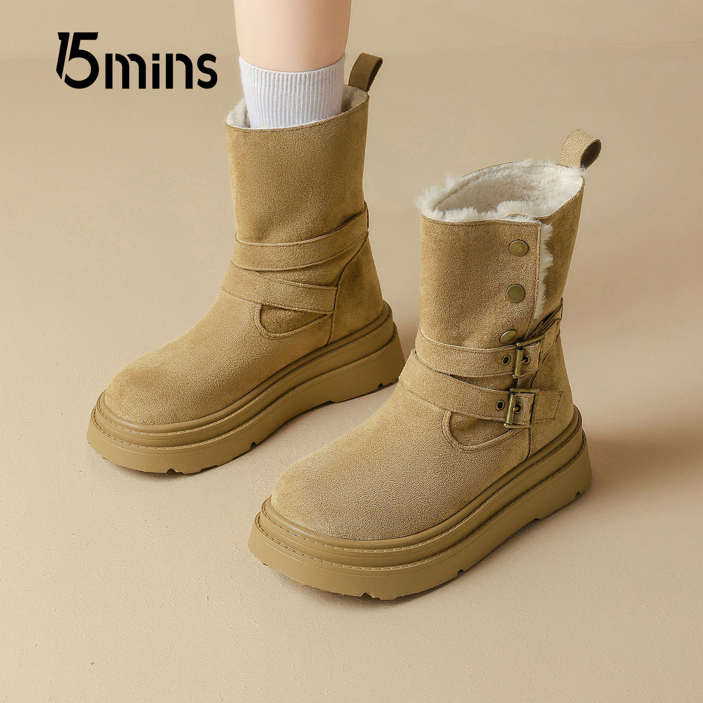 15mins厚底雪地靴女2025冬季新款加绒保暖靴皮带扣短靴毛绒棉鞋子,女鞋,时尚雪地靴,淘宝优惠券,粉丝福利购,淘宝优惠卷