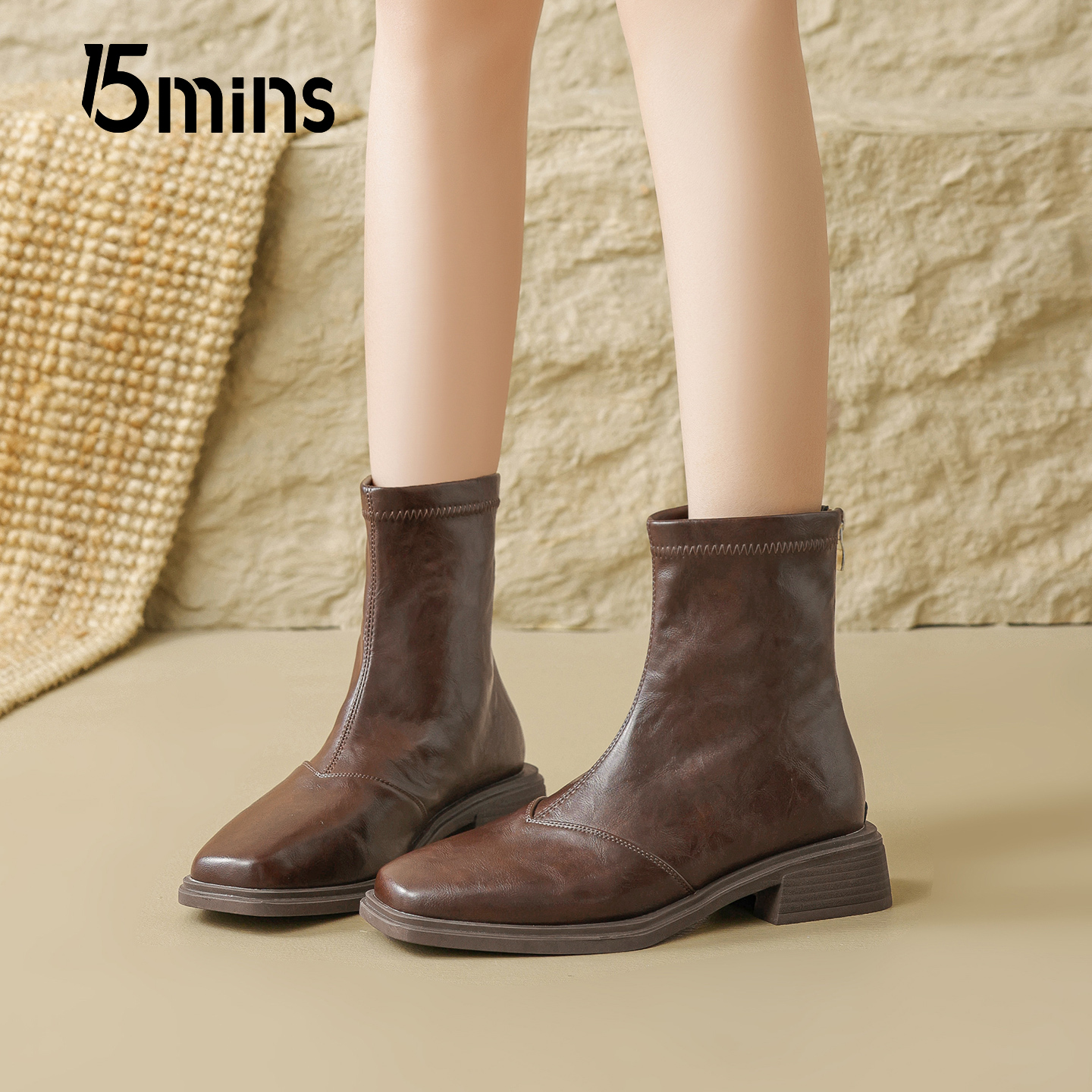 15mins短靴女2025新款棕色马丁靴