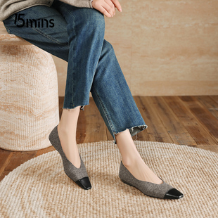 时尚 女春季 秀气软底日常通勤 黑灰拼色方头坡跟单鞋 15mins2026新款