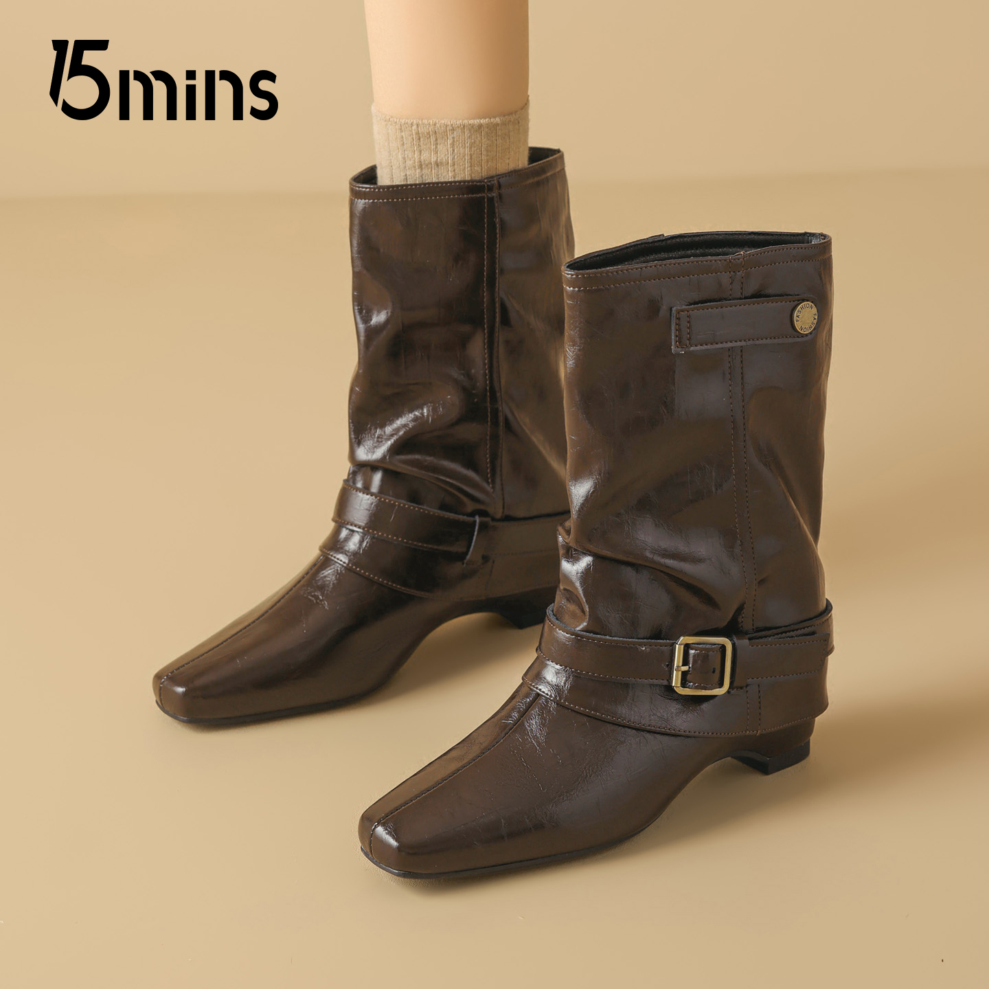 15mins方头皮带扣短靴女士2025新款秋冬季百搭显瘦骑士靴中筒靴子