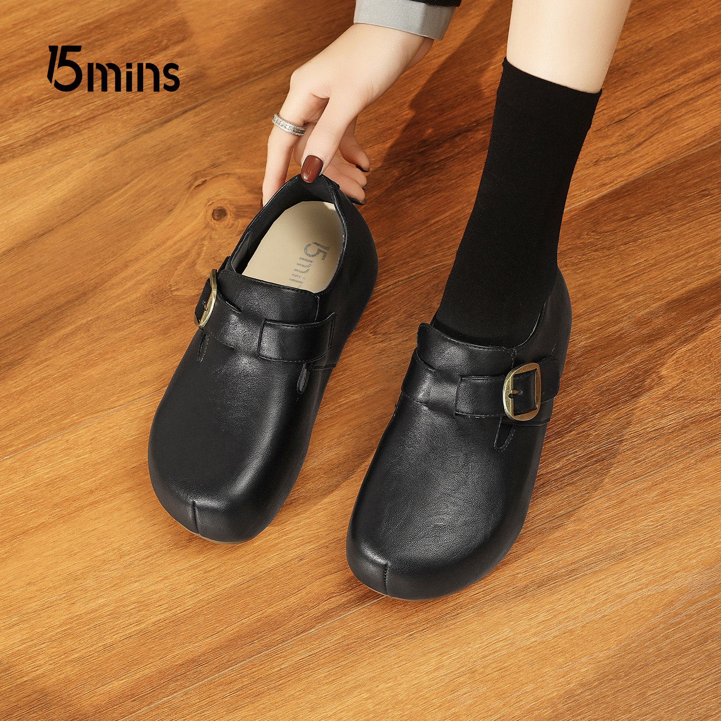 15mins厚底勃肯鞋女2026新款春季内增高厨师鞋魔术贴平底深口单鞋