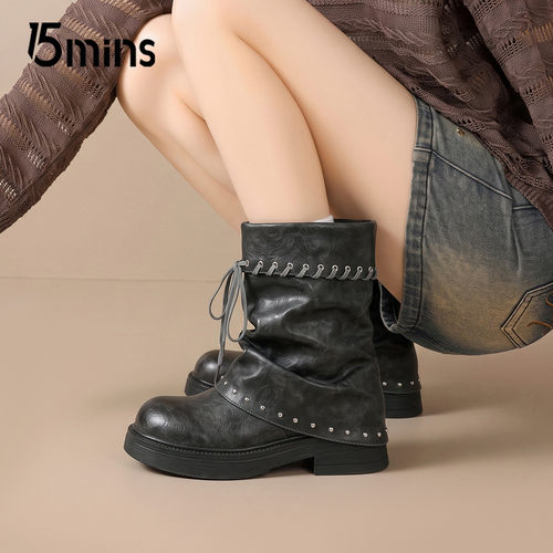 15mins复古厚底西部靴女显瘦
