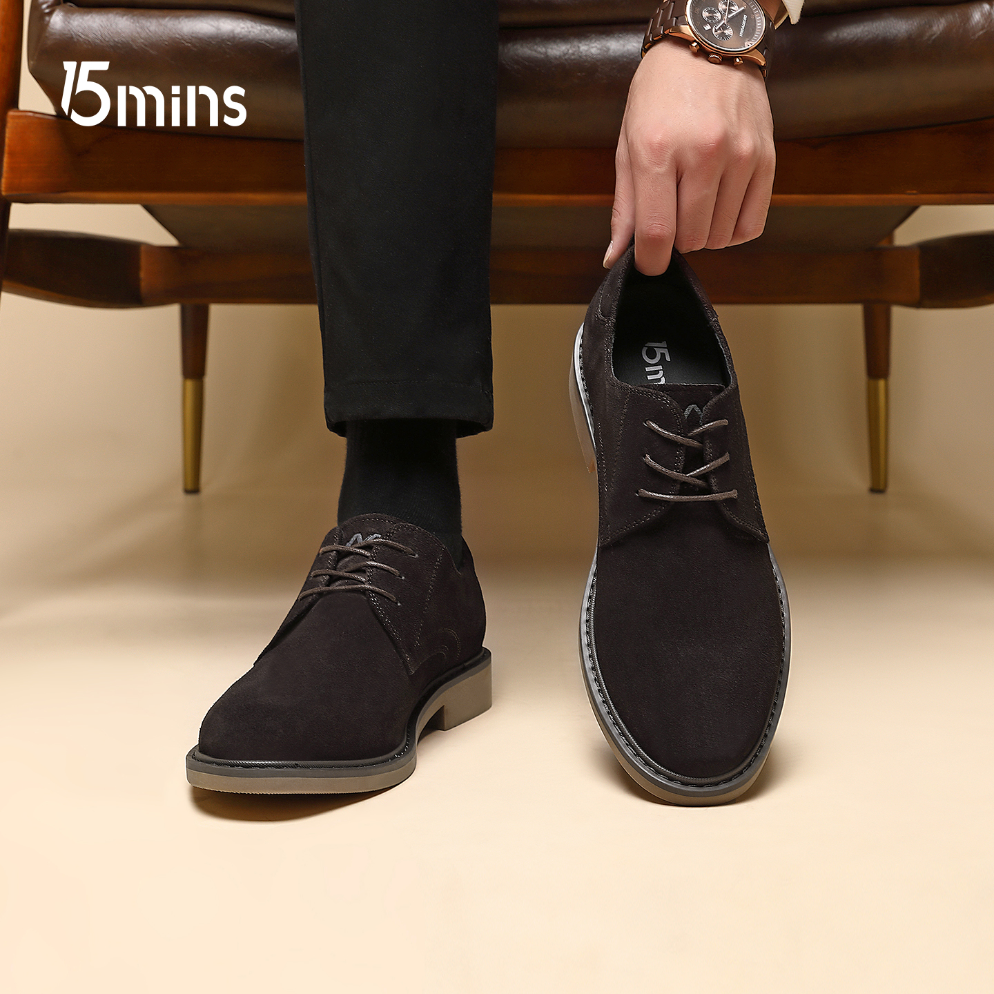 15mins男鞋2025秋季新款男士磨砂皮商务皮鞋英伦潮流低帮德比鞋子