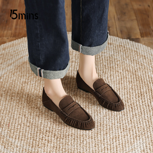 15mins2026新款深棕色绒面乐福鞋单鞋春季日常透气秀气学院风女鞋