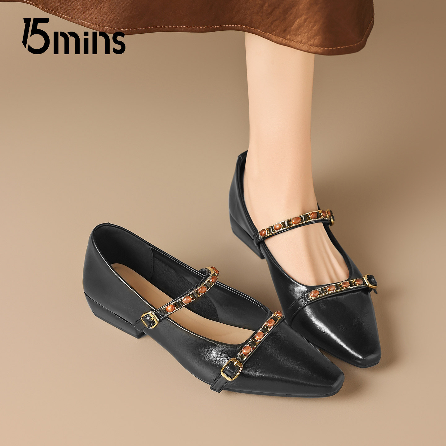 15mins黑色尖头玛丽珍鞋女2026早春新款双扣带复古配裙子低跟单鞋,女鞋,玛丽珍鞋,淘宝优惠券,粉丝福利购,淘宝优惠卷
