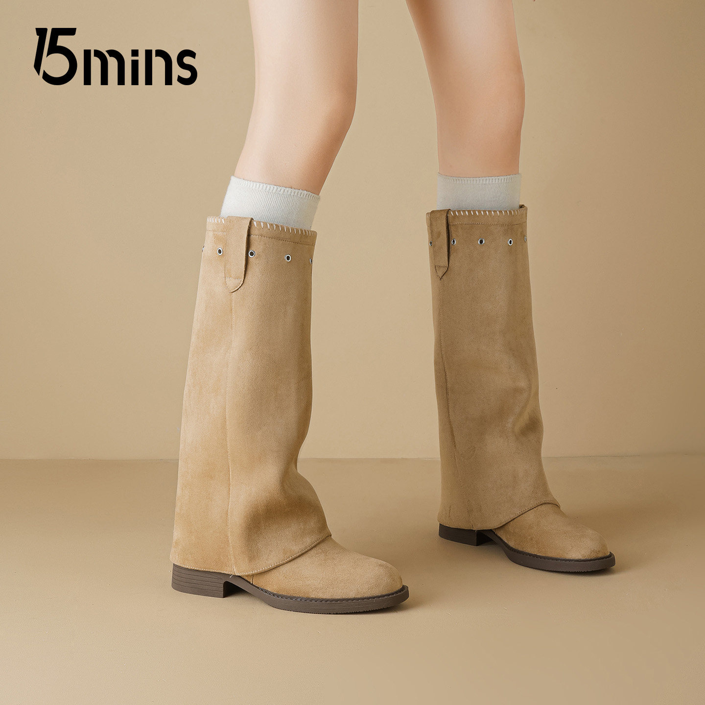 15mins复古两穿裤管靴女2025冬季新款绒面西部骑士靴加绒长筒靴,女鞋,时装靴,淘宝优惠券,粉丝福利购,淘宝优惠卷