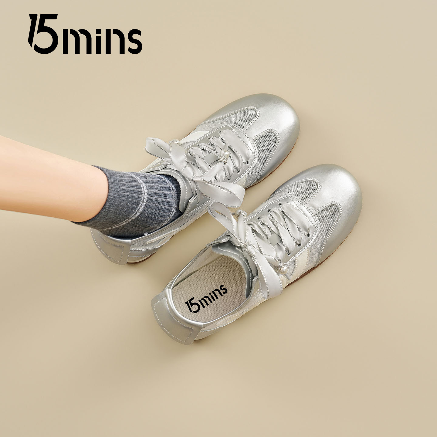 15mins银色德训鞋女2026新款春季软底百搭休闲鞋轻便舒适透气板鞋,女鞋,德训鞋,淘宝优惠券,粉丝福利购,淘宝优惠卷