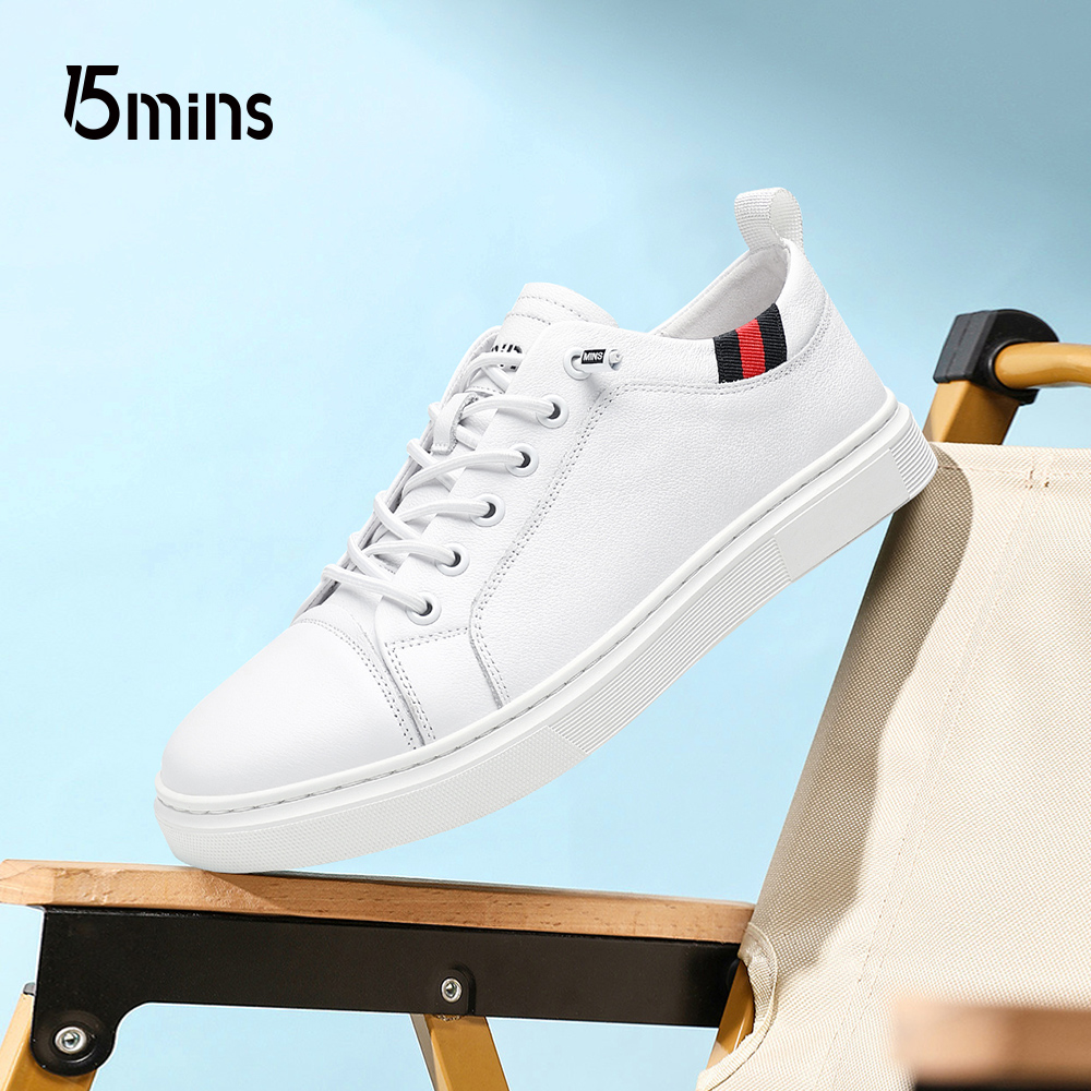 15mins男鞋头层牛皮2025春季新款透气软底耐磨休闲皮鞋经典小白鞋