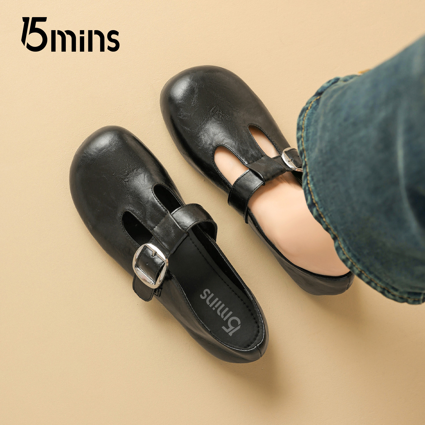 15mins黑色玛丽珍鞋女2026新款