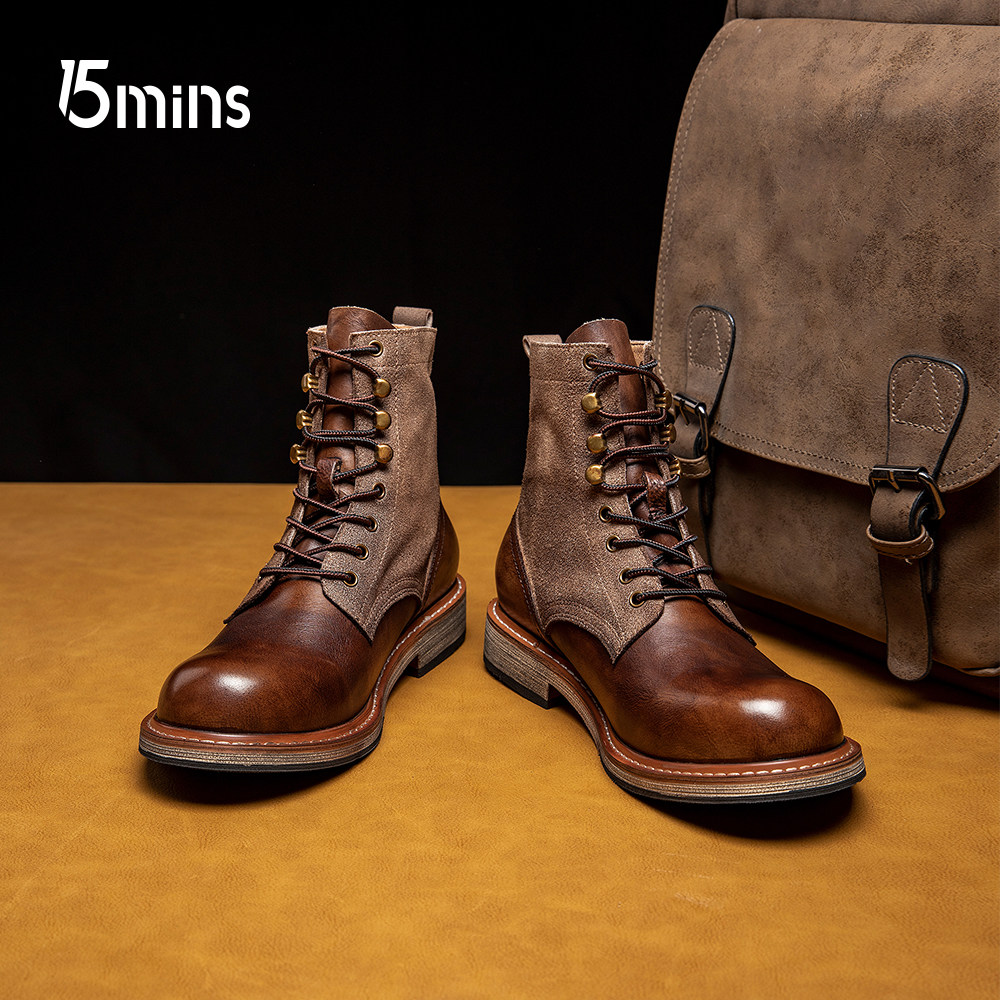 15mins头层牛皮切尔西靴男士2025冬高帮马丁靴英伦风真皮厚底男靴