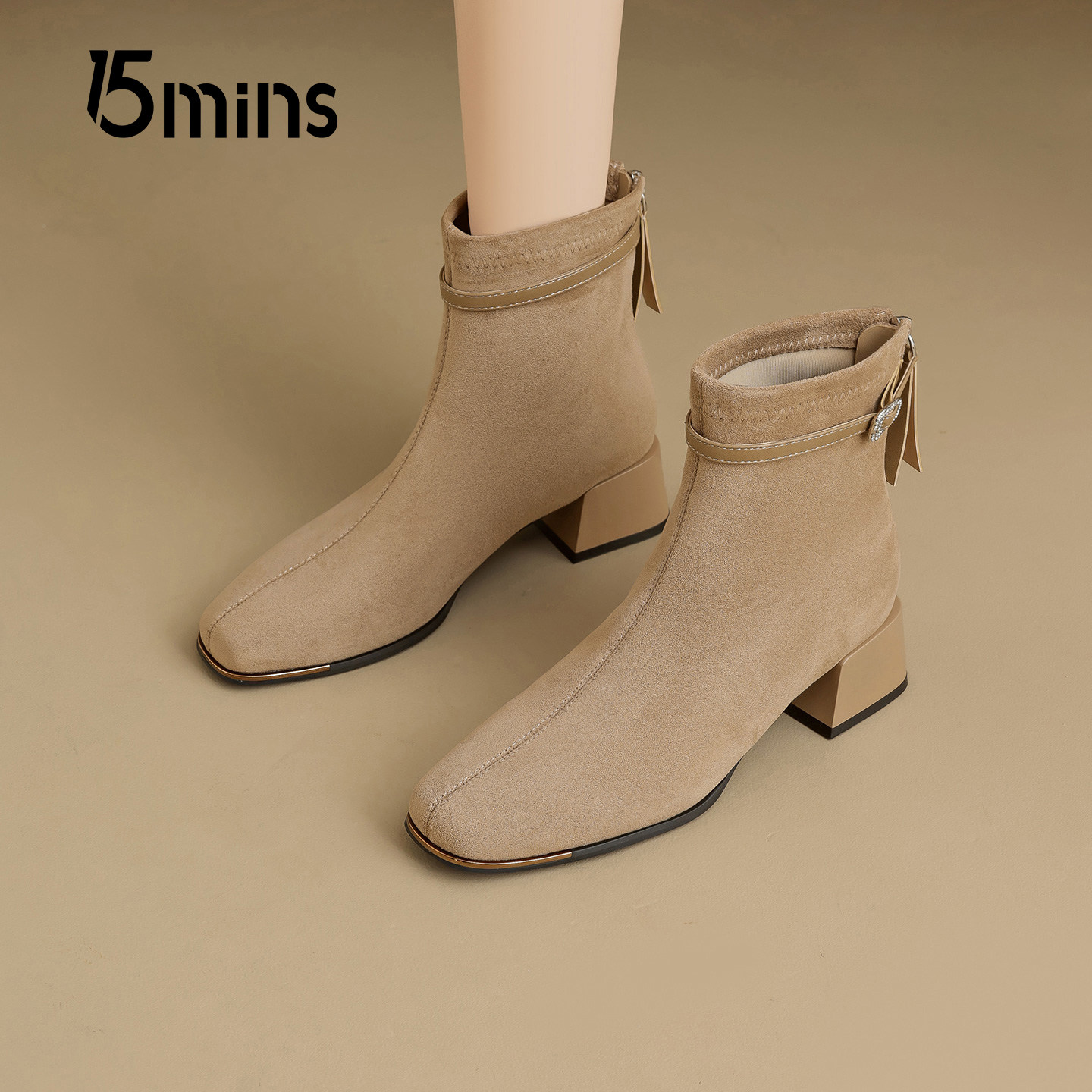 15mins方头粗跟短靴女2025秋冬