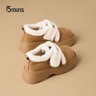 15mins毛毛雪地靴女2025新款秋冬加绒保暖魔术贴乐福鞋棉鞋勃肯鞋